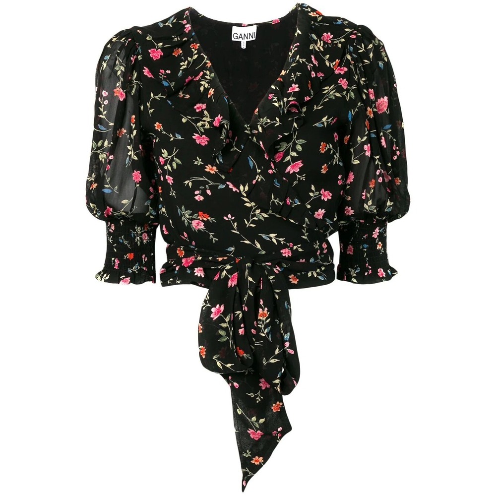 NWT GANNI Floral Print Georgette Wrap Blouse - Black & Pink 🌸 EU 38 (US 6) $160 - Picture 4 of 16